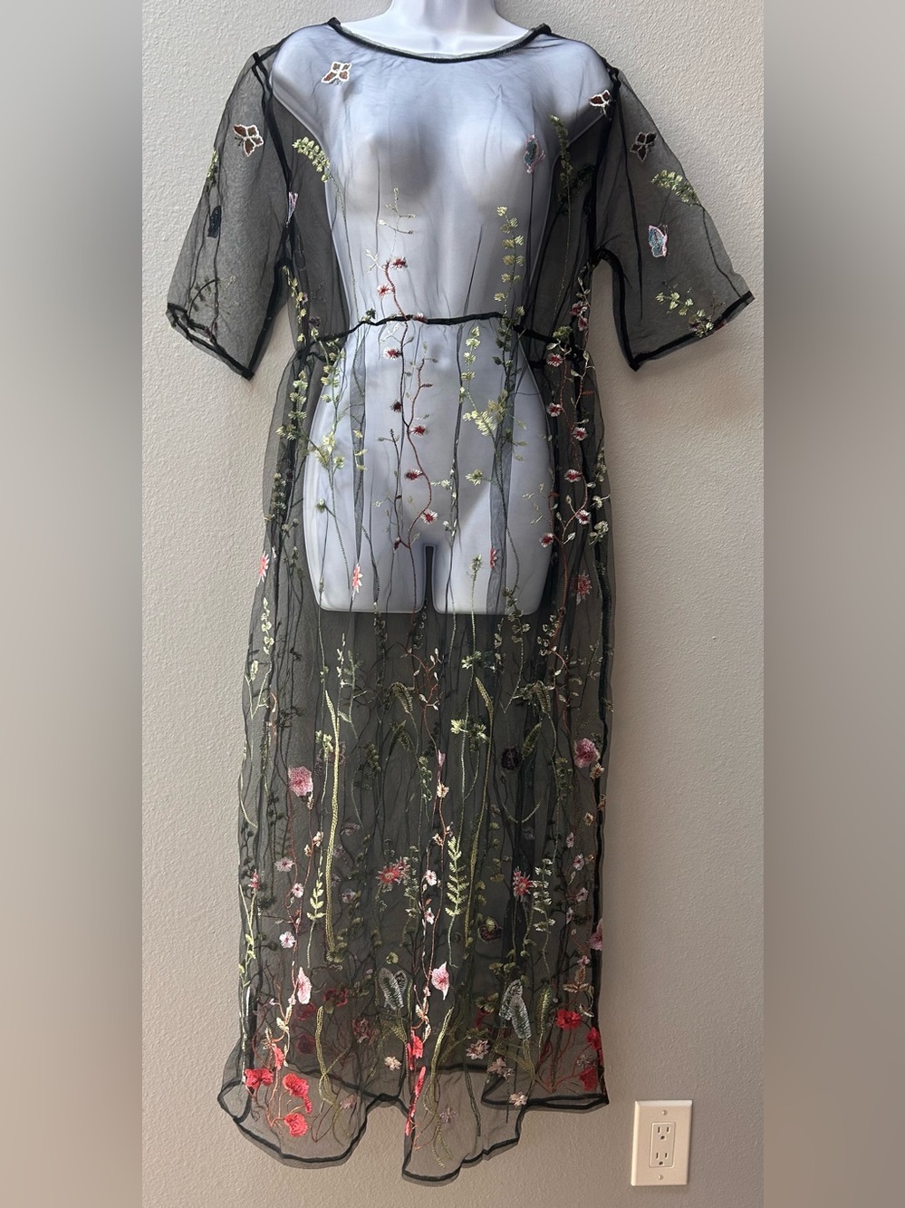 Sheer Black Floral Embroidered Mesh Dress Topper Duster Boho | S/M